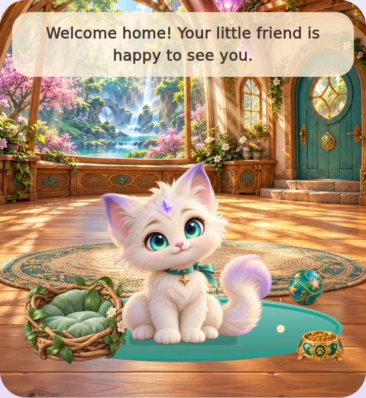 Lumi, a fluffy white kitten with turquoise eyes, in the cozy Companion Cottage